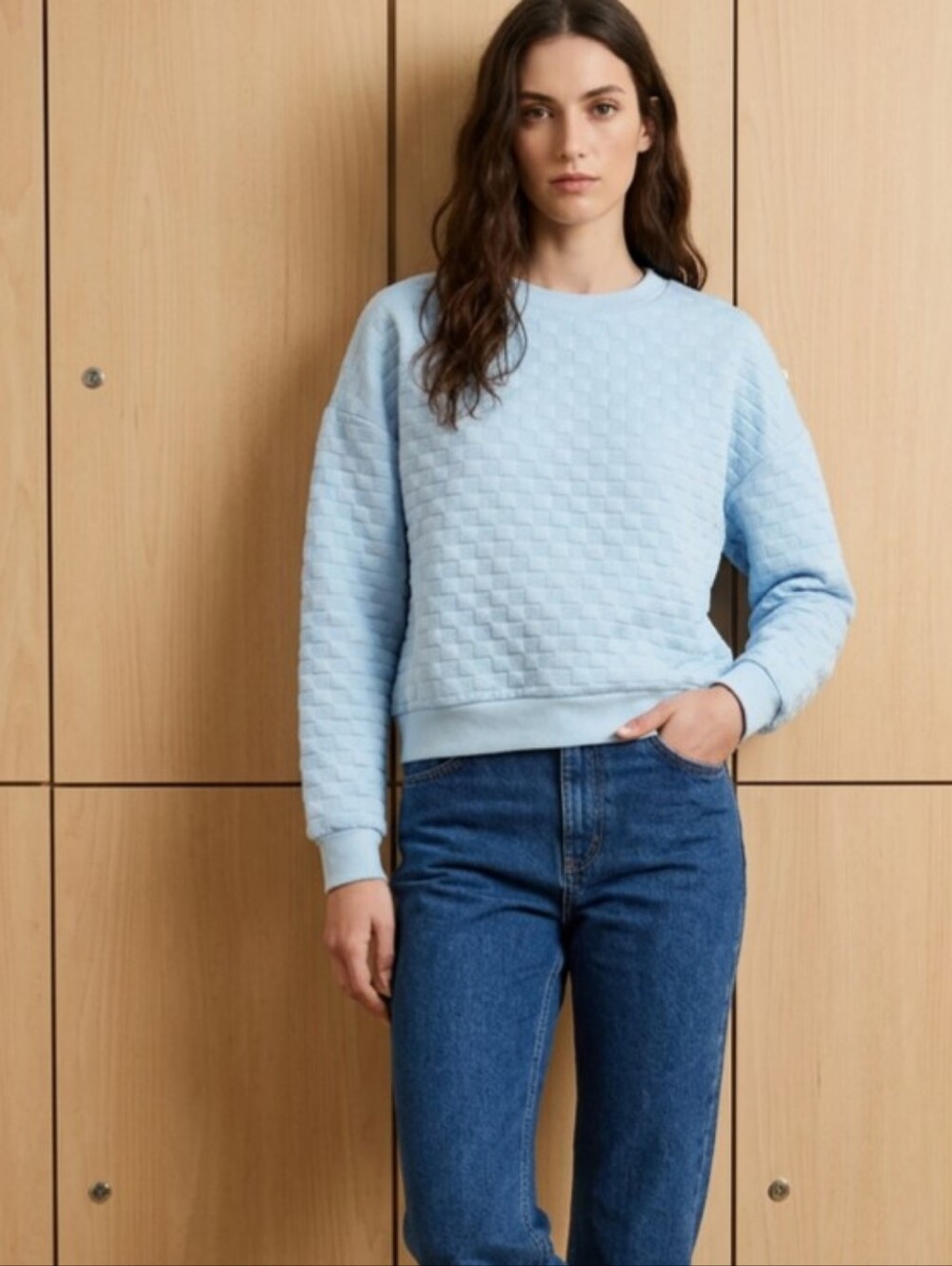 Paper Crane Light Blue Quilted Crewneck Sweatshirt